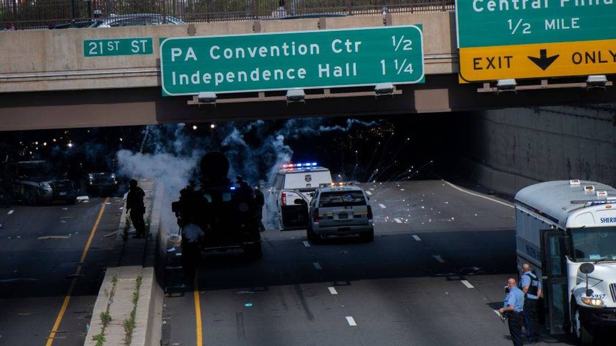 Police shoot tear gas into a crowd of protesters after a march through Center City on June 1, 2020 in Philadelphia
