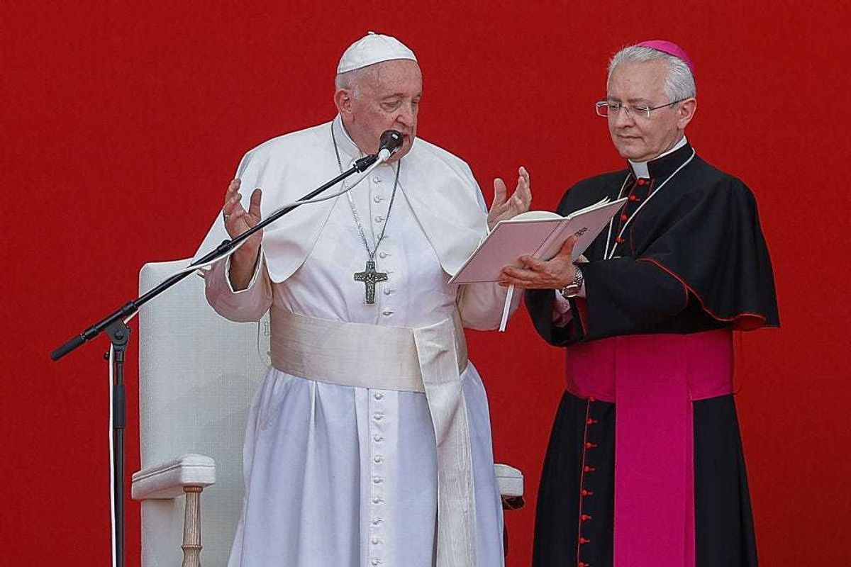 Pope Francis, adresses the volunteers during an encounter on the last day of WYD (World Youth Day) on August 6, 2023 in Alges, Oeiras, Portugal.