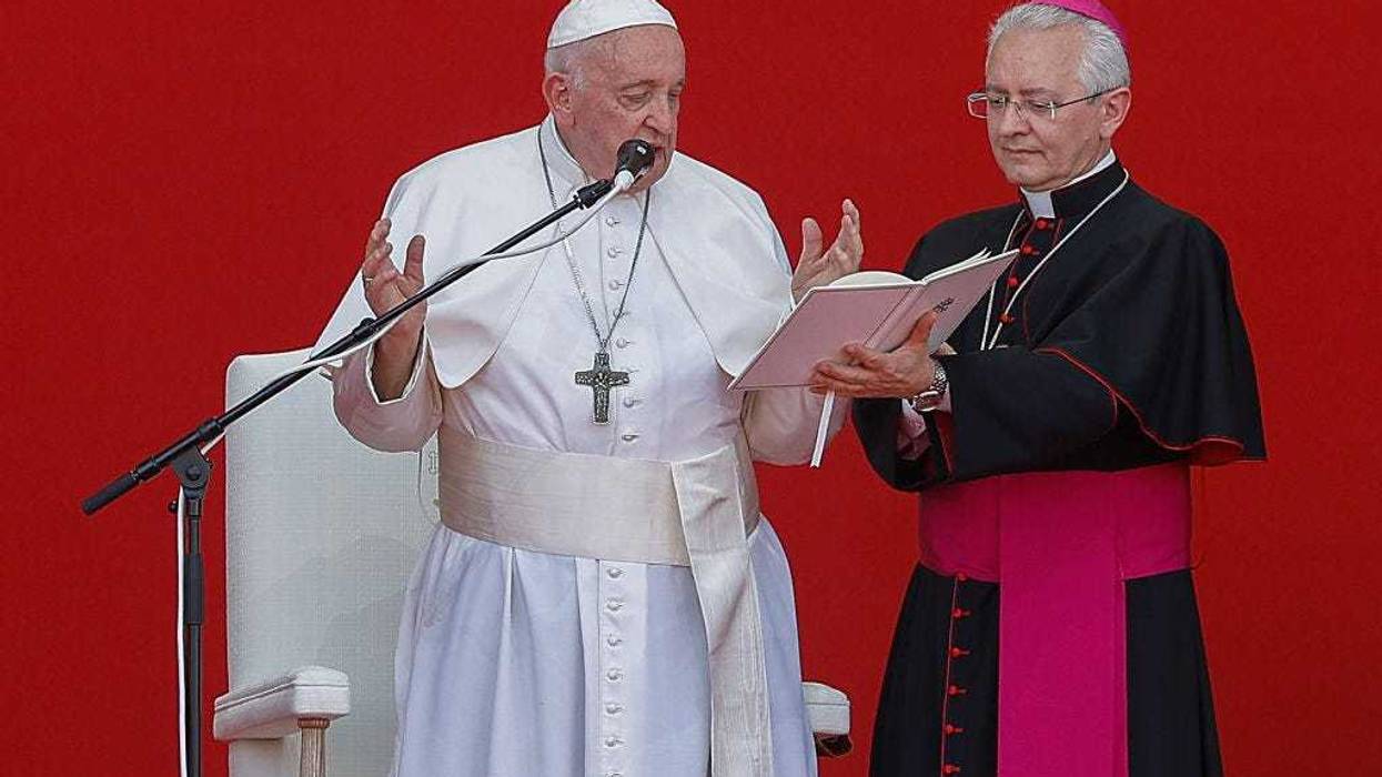 Pope Francis, adresses the volunteers during an encounter on the last day of WYD (World Youth Day) on August 6, 2023 in Alges, Oeiras, Portugal.