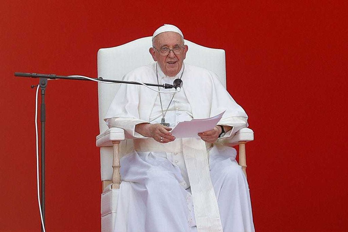 Pope Francis, adresses the volunteers during an encounter on the last day of WYD (World Youth Day) on August 6, 2023 in Alges, Oeiras, Portugal.