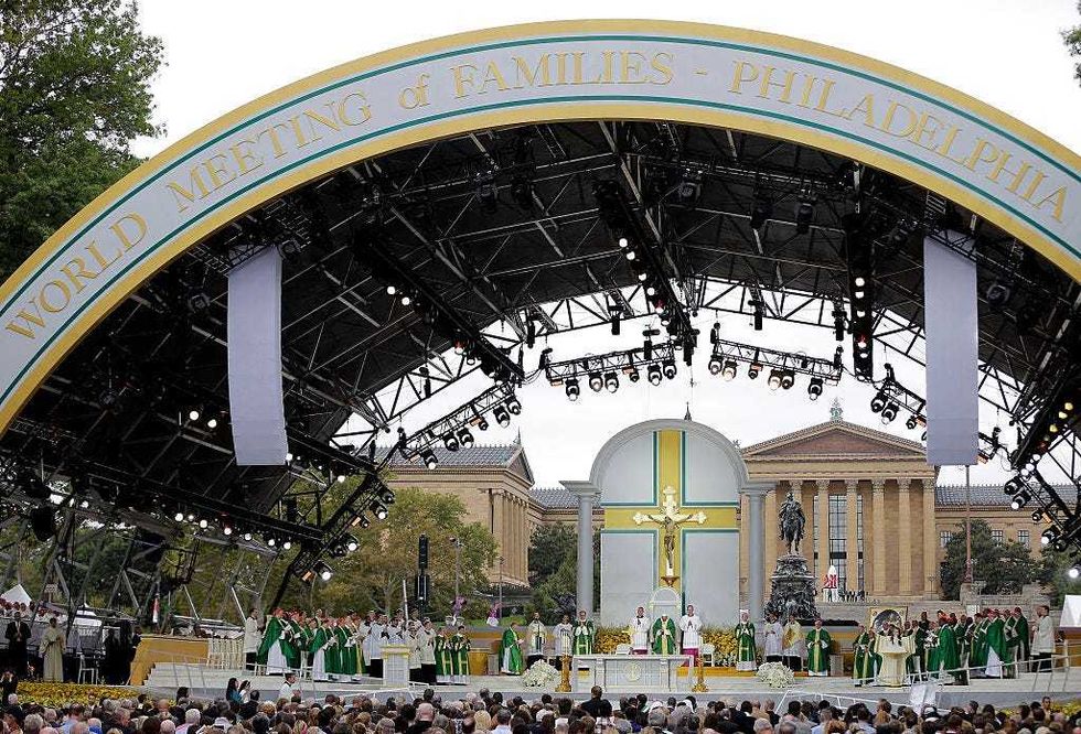 Pope Francis, lower left, celebrates Sunday Mass on the Benjamin Franklin Parkway on Sept. 27, 2015, in Philadelphia.