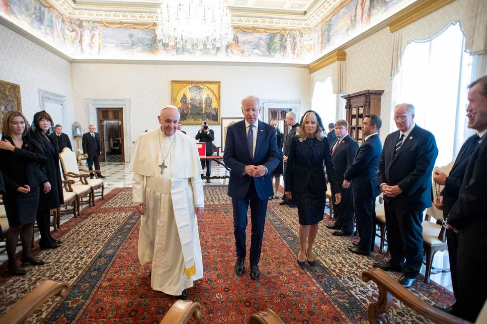 Pope Francis meets with President Joe Biden and his wife, first lady Jill Biden, at the Vatican on Friday, Oct. 29, 2021