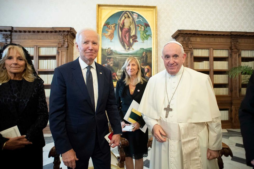 Pope Francis meets with President Joe Biden and his wife, first lady Jill Biden, at the Vatican on Friday, Oct. 29, 2021