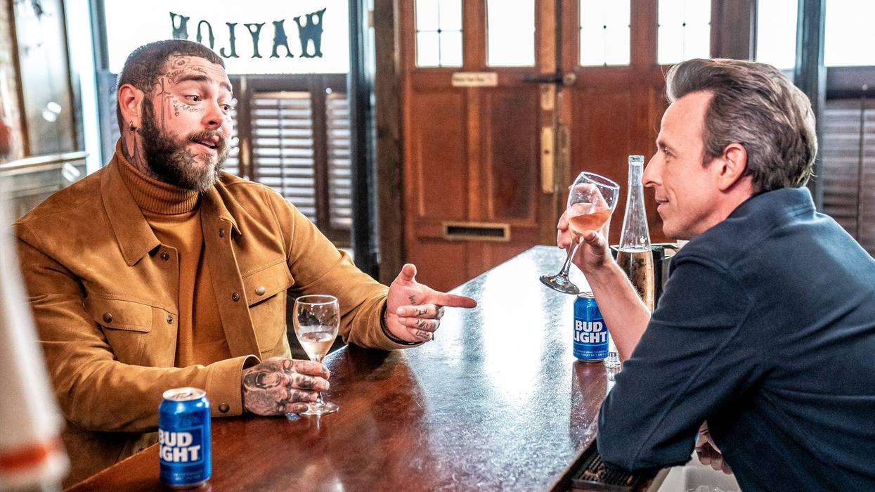 Post Malone and host Seth Meyers during "Day Drinking" on June 1, 2022