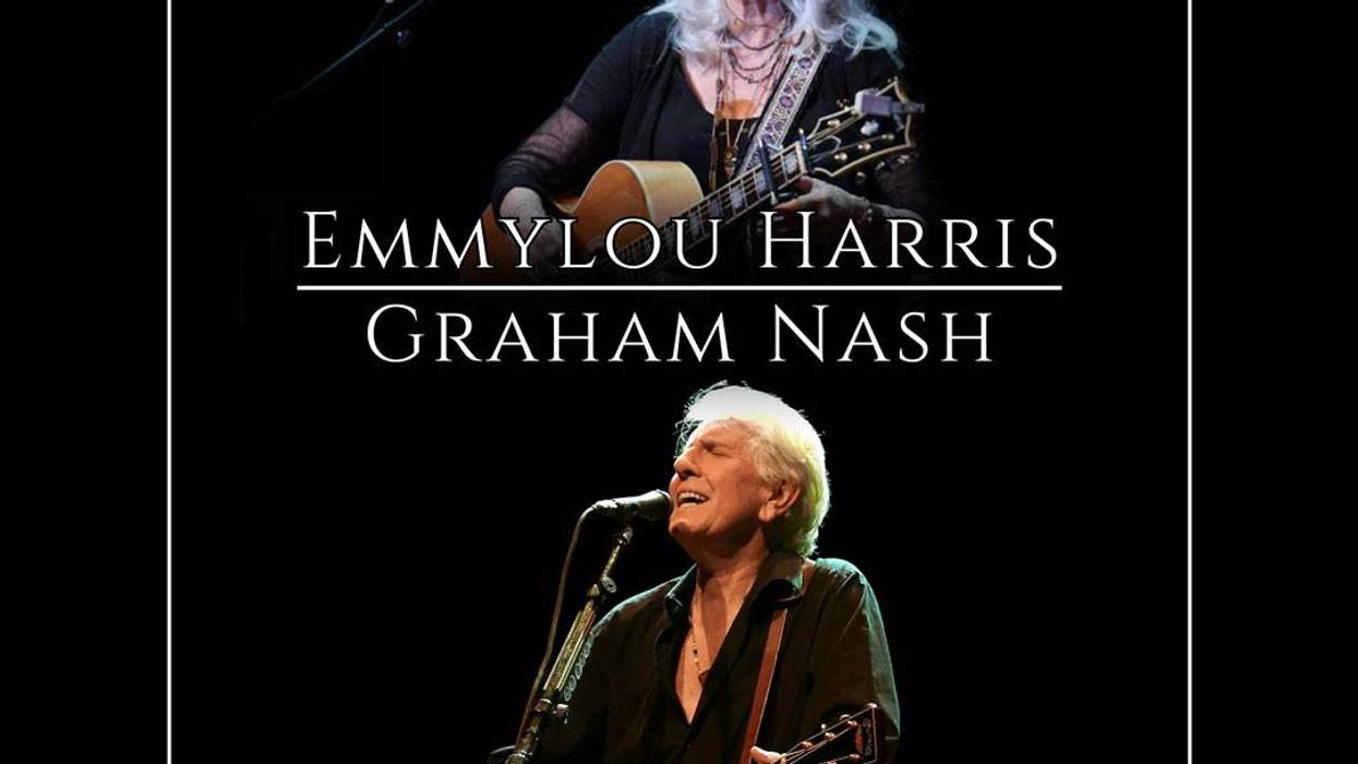 Poster: Emmylou Harris & Graham Nash performing live with guitars. Meadow Brook, July 24.