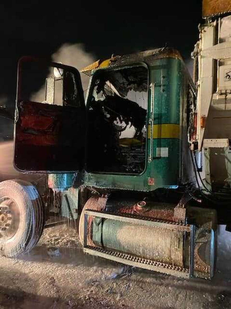 Potato truck after the fire has been put out.