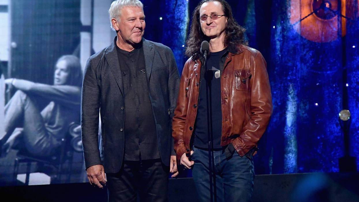 : Presenters Alex Lifeson and Geddy Lee of Rush speak onstage at the 32nd Annual Rock & Roll Hall Of Fame Induction Ceremony at Barclays Center on April 7, 2017 in New York City.