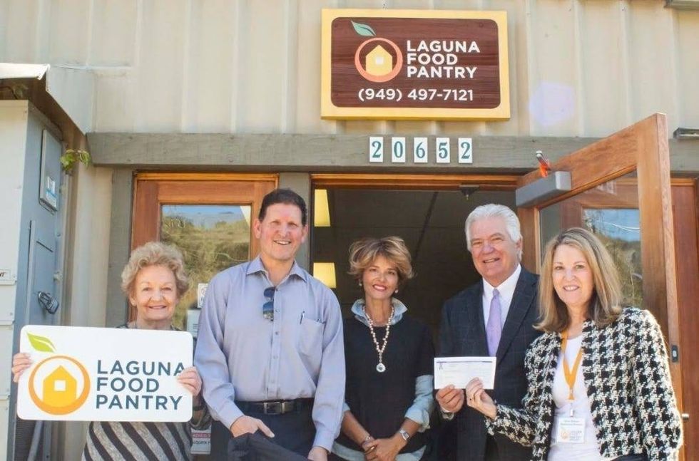 Presenting a check from Angels Baseball Foundation to Laguna Food Pantry. L-R: Cynthia Carson (Laguna Food Pantry Board member), Mike Learakos, Suriya Khan (Laguna Food Pantry), Dennis Kuhl, Chairman (Los Angeles Angels), Anne Belyea, CEO Laguna Food Pantry).