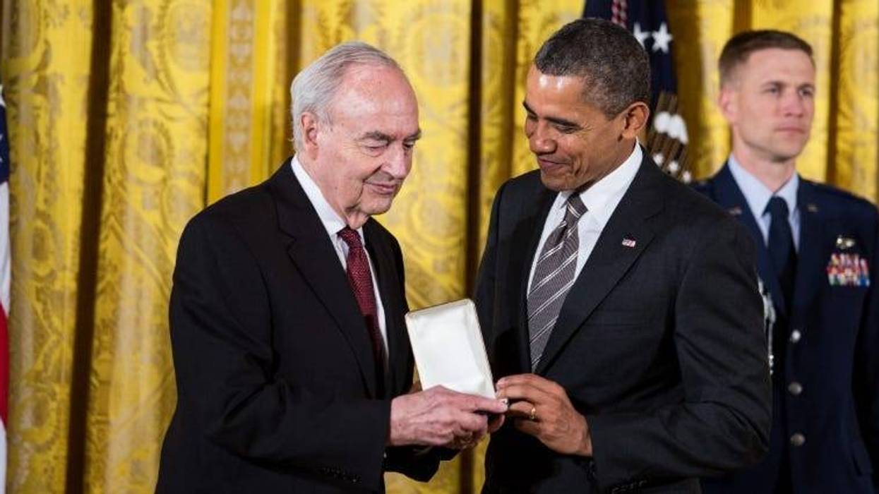 President Barack Obama presents Harris Wofford, former U.S. senator from Pennsylvania and former CEO of the Corporation for National and Community Service, with a 2012 Presidential Citizens Medal, Feb. 15, 2013.