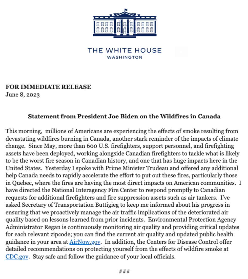 President Biden said the White House was committed to helping Canada fight wildfires that have severely impacted air quality in the U.S