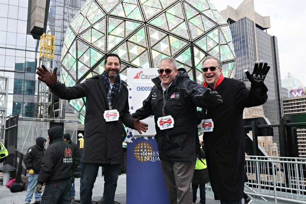 President, Chief Executive Officer and Chief Climate Officer of Carnival Corporation, Josh Weinstein, President of Times Square Alliance, Tom Harris and President of Countdown Entertainment, LLC, Jeffrey A. Straus at the ball drop test on Dec. 30, 2023.