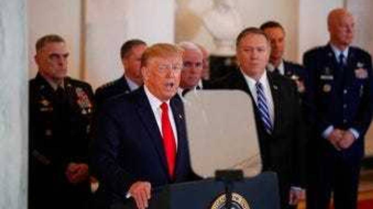 President Donald Trump addresses the nation from the White House on the ballistic missile strike that Iran launched against Iraqi air bases housing U.S. troops, Wednesday, Jan. 8, 2020. (AP Photo/Alex Brandon)