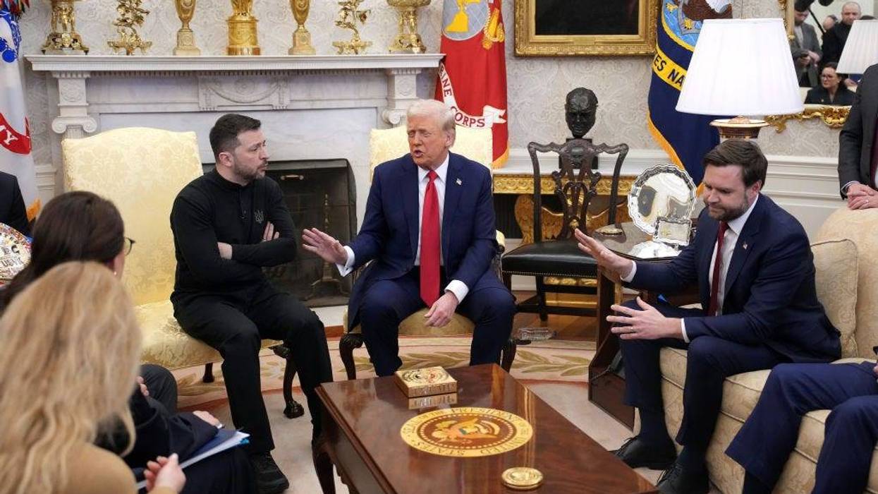 President Donald Trump and Vice President JD Vance meet with Ukrainian President Volodymyr Zelensky in the Oval Office at the White House on Feb. 28, 2025.