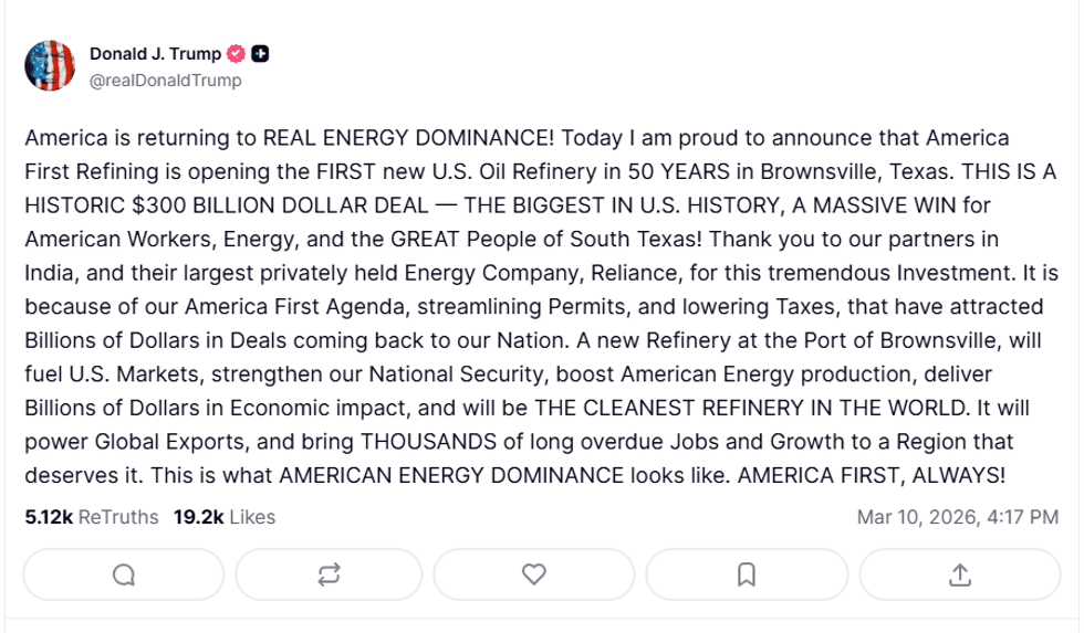 President Donald Trump announced Tuesday that the United States will build its first new oil refinery in half a century - and it