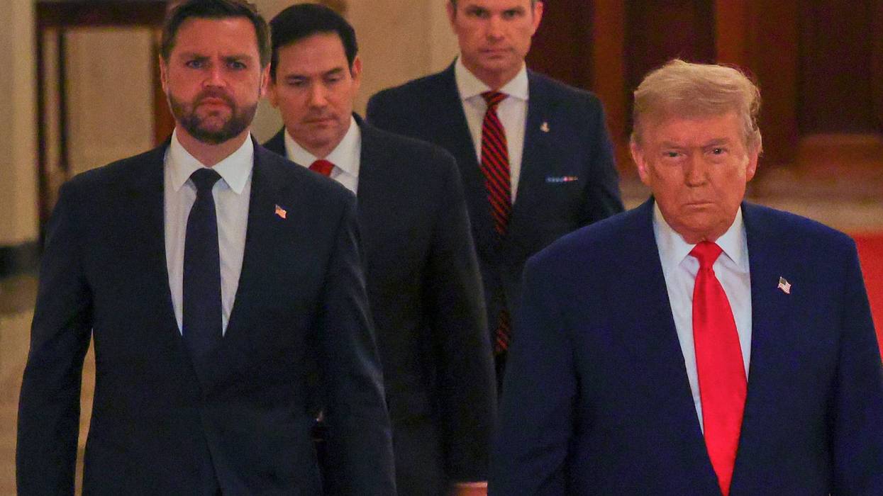 President Donald Trump arrives with Vice President JD Vance, Secretary of State Marco Rubio and Defense Secretary Pete Hegseth to speak from the East Room of the White House in Washington, Saturday, June 21, 2025, after the U.S. military struck three Iranian nuclear and military sites, directly joining Israel's effort to decapitate the country's nuclear program.