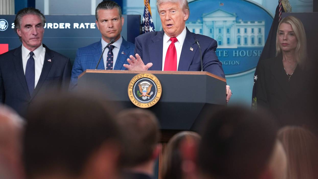 President Donald Trump delivers remarks during a press conference at the White House on Aug. 11, 2025, in Washington, D.C., announcing that he will use his authority to place the DC Metropolitan Police Department under federal control to assist in crime prevention in the nation’s capital. Also pictured (left to right) are Secretary of the Interior Doug Burgum, Secretary of Defense Pete Hegseth, and Attorney General Pam Bondi.
