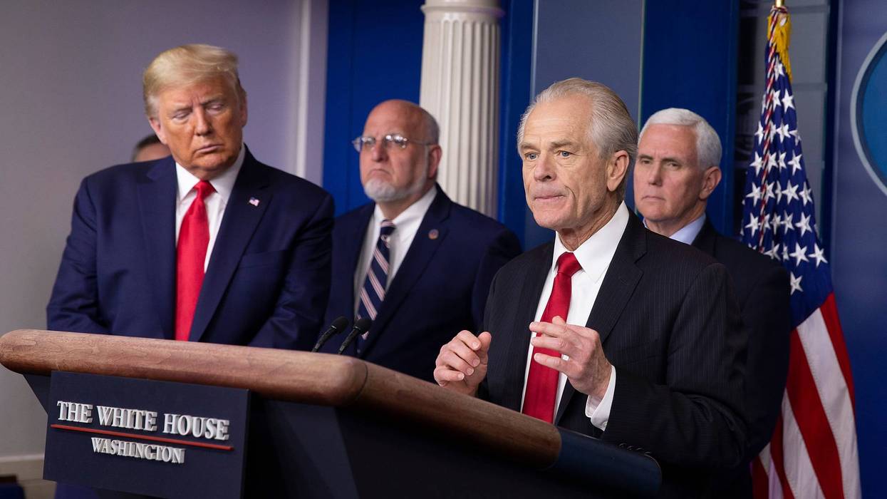 President Donald Trump, Dr. Robert Redfield, Director of the Center for Disease Control and Prevention and Vice President Mike Pence listen to Peter Navarro, Director of the National Trade Council speak during a press briefing in the James Brady Press Briefing Room at the White House on March 22, 2020 in Washington, DC.