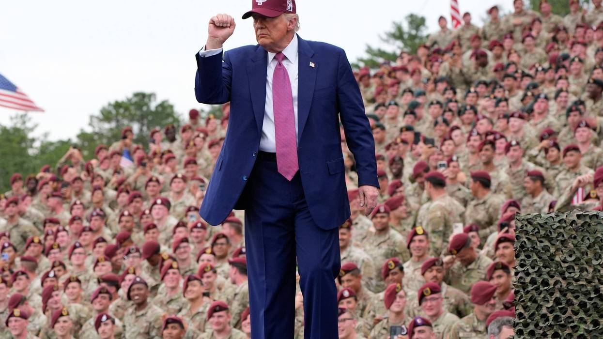 President Donald Trump gestures after speaking at Fort Bragg, Tuesday, June 10, 2025, in Fort Bragg, N.C.