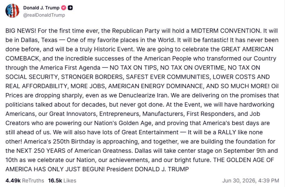President Donald Trump has confirmed that the Republican Party will hold its first-ever national midterm convention in Dallas on September 9 and 10 at the American Airlines Center.