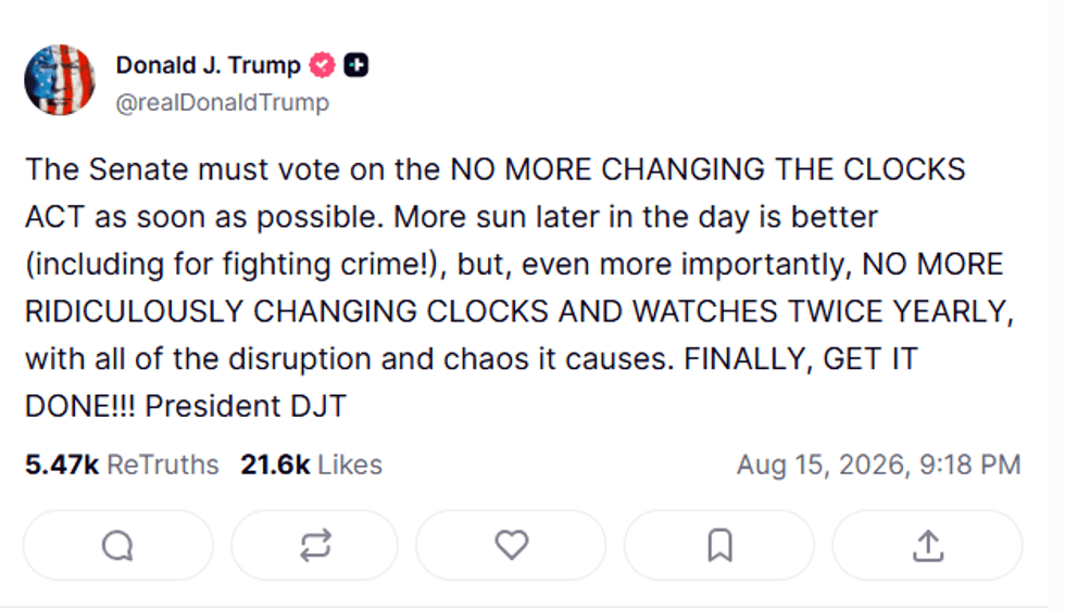 President Donald Trump is pressing the Senate to vote as soon as possible on legislation that would make daylight saving time permanent across most of the United States.