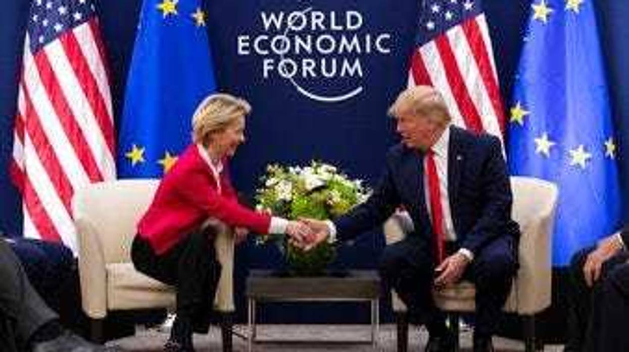 President Donald Trump meets with European Commission President Ursula von Der Leyen at the World Economic Forum, Tuesday, Jan. 21, 2020, in Davos, Switzerland. (AP Photo/ Evan Vucci)