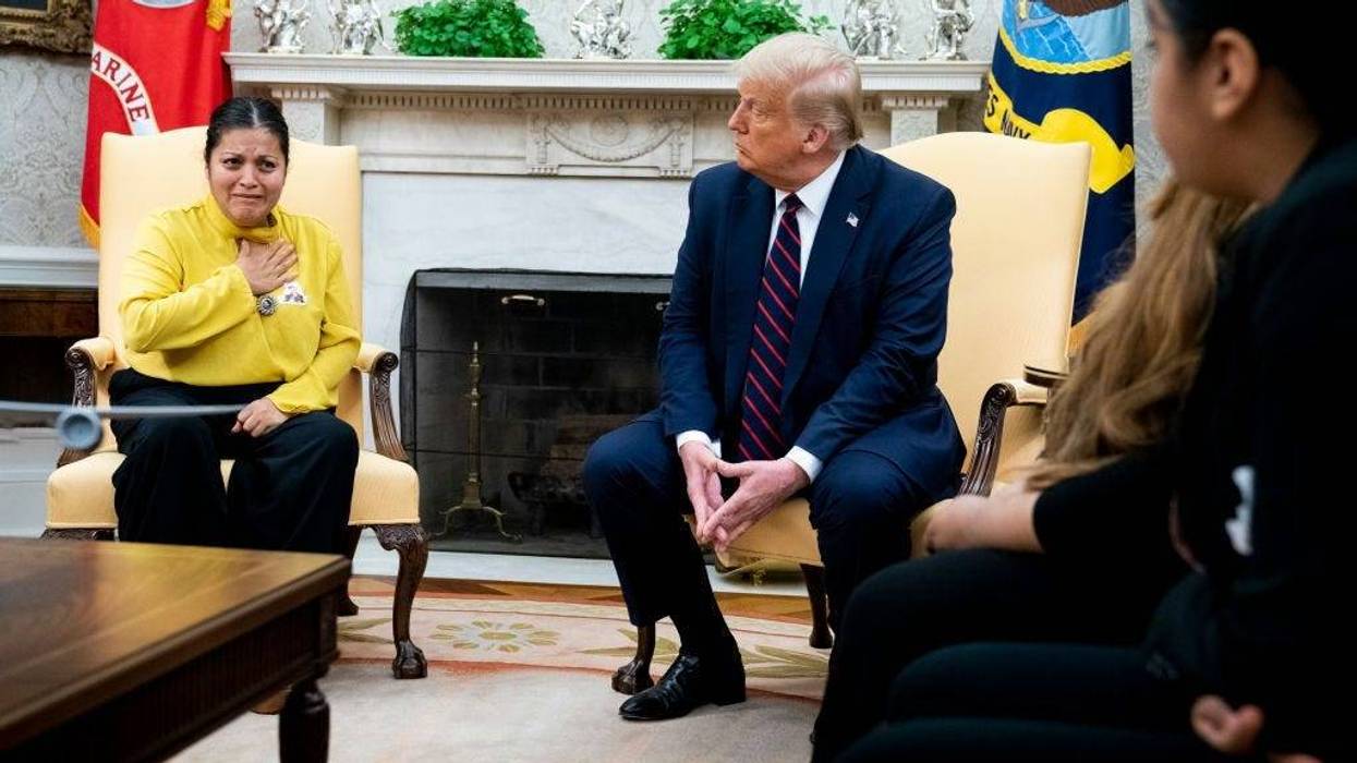 President Donald Trump meets with Gloria Guillen, mother of missing Fort Hood soldier Vanessa Guillen, in the Oval Office of the White House July 30, 2020 in Washington, DC.