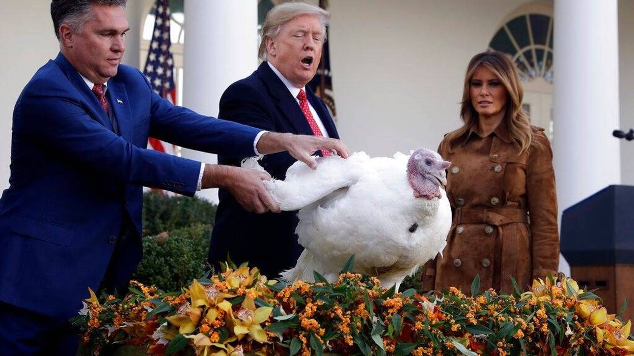President Donald Trump pardons Butter, the national Thanksgiving turkey, as first lady Melania Trump watches in the Rose Garden of the White House, Tuesday, Nov. 26, 2019, in Washington.