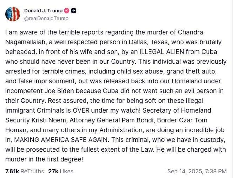 President Donald Trump responded publicly via Truth Social Sunday night, condemning the killing as "terrible" and declaring that "the time for being soft on these Illegal Immigrant Criminals is OVER under my watch."