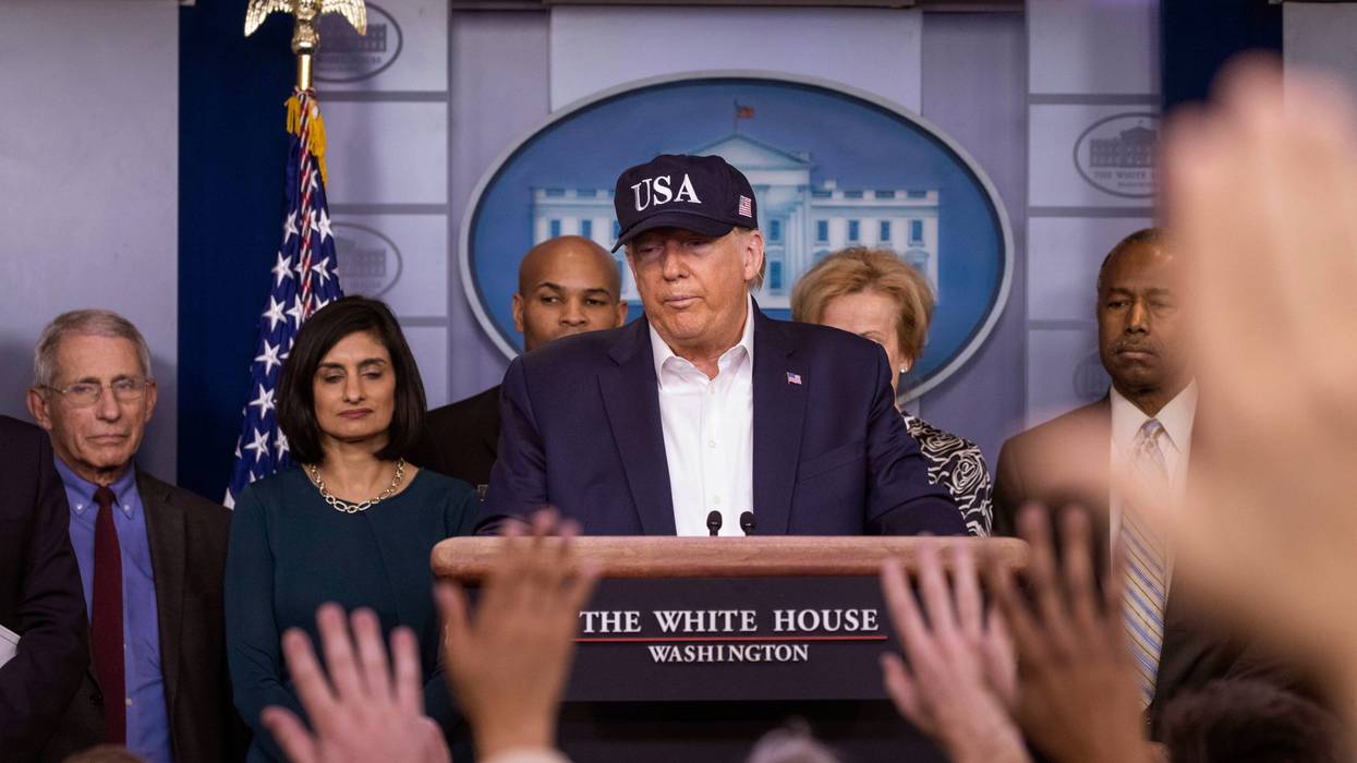 President Donald Trump speaks during a news conference about the coronavirus in the James Brady Briefing Room at the White House, Saturday, March 14, 2020, in Washington.