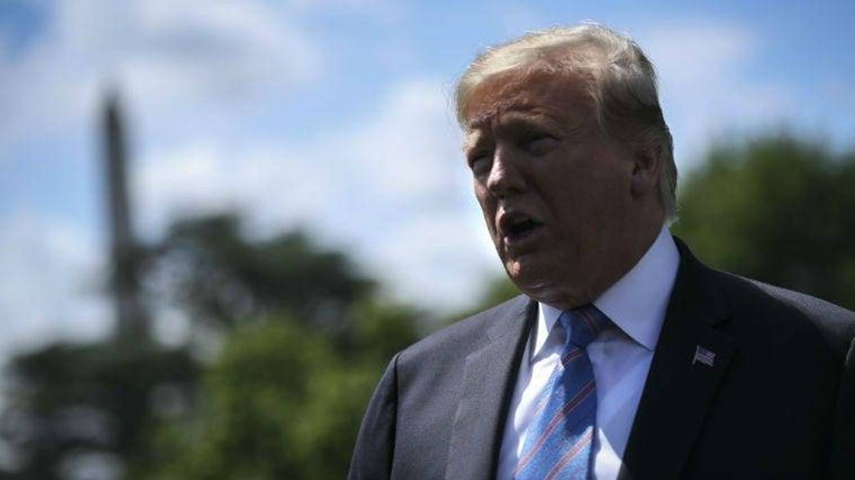 President Donald Trump speaks to members of the media before boarding Marine One from the South Lawn of the White House on May 14, 2019 in Washington, DC. Trump is heading to Louisiana.