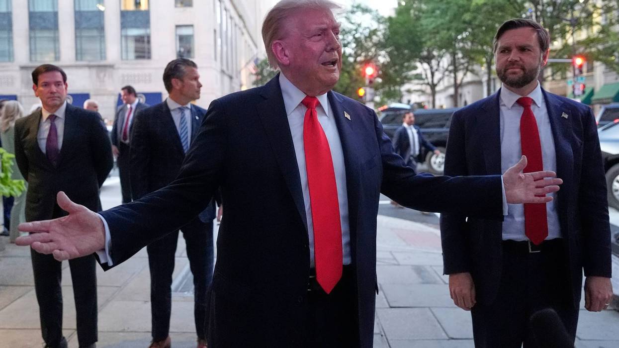 President Donald Trump speaks to reporters before he enters a restaurant near the White House, Tuesday, Sept. 9, 2025, in Washington, to have dinner with Secretary of State Marco Rubio, Defense Secretary Pete Hegseth and Vice President JD Vance.