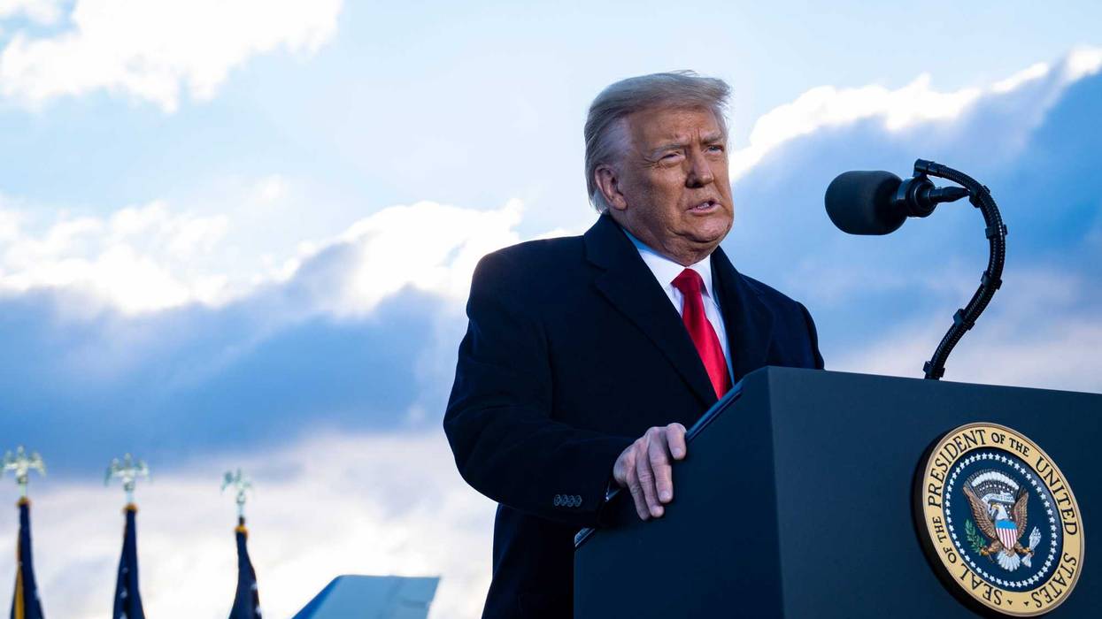 President Donald Trump speaks to supporters at Joint Base Andrews before boarding Air Force One for his last time as President on January 20, 2021 in Joint Base Andrews, Maryland.