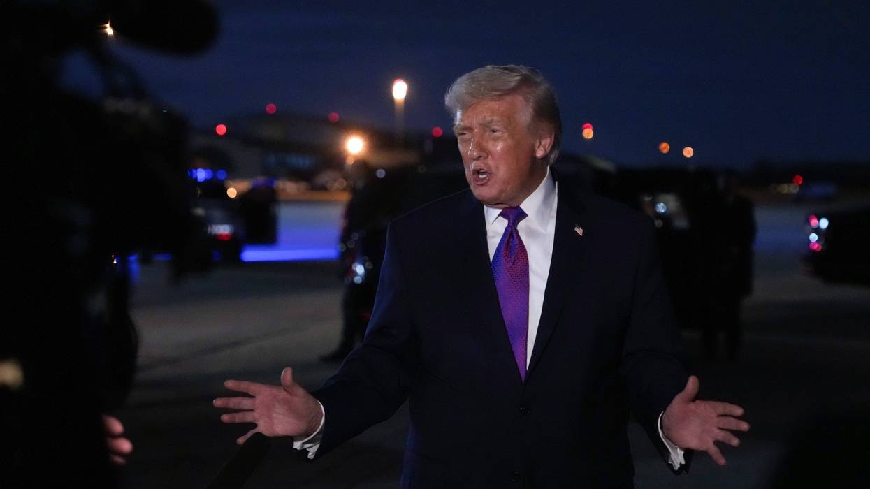 President Donald Trump speaks to the press after landing on Air Force One on March 11, 2026 at Joint Base Andrews, Maryland