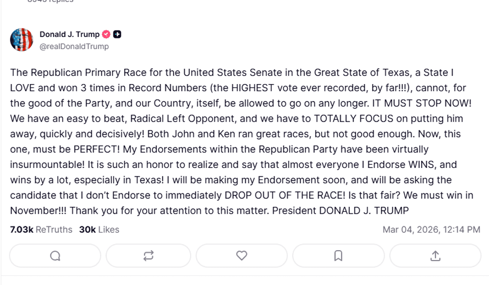 President Donald Trump thrust himself into the Texas Republican Senate runoff Wednesday, vowing to endorse one of the two finalists "soon" and declaring that whoever he does not back should immediately quit the race — a dramatic intervention that could end one of the most expensive Senate primaries in American history before its May 26 finish line.