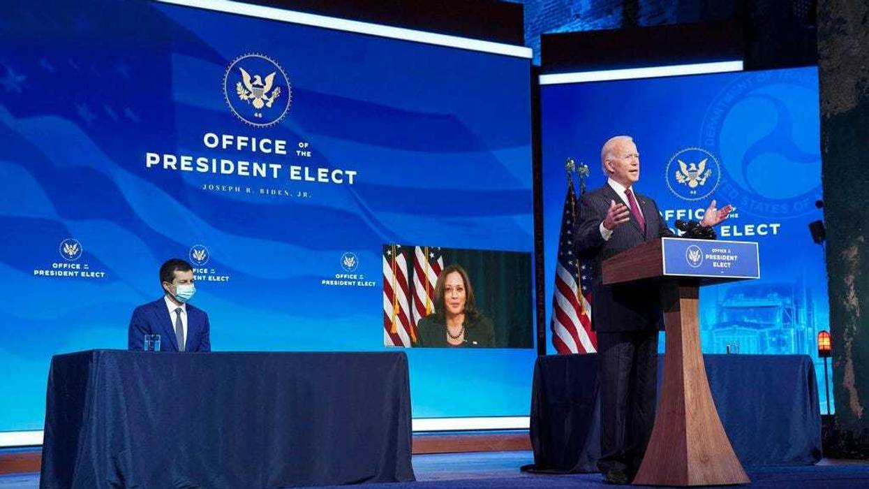 President-elect Joe Biden announces former South Bend, Ind. Mayor Pete Buttigieg as his nominee for transportation secretary during a news conference at The Queen theater in Wilmington, Del.