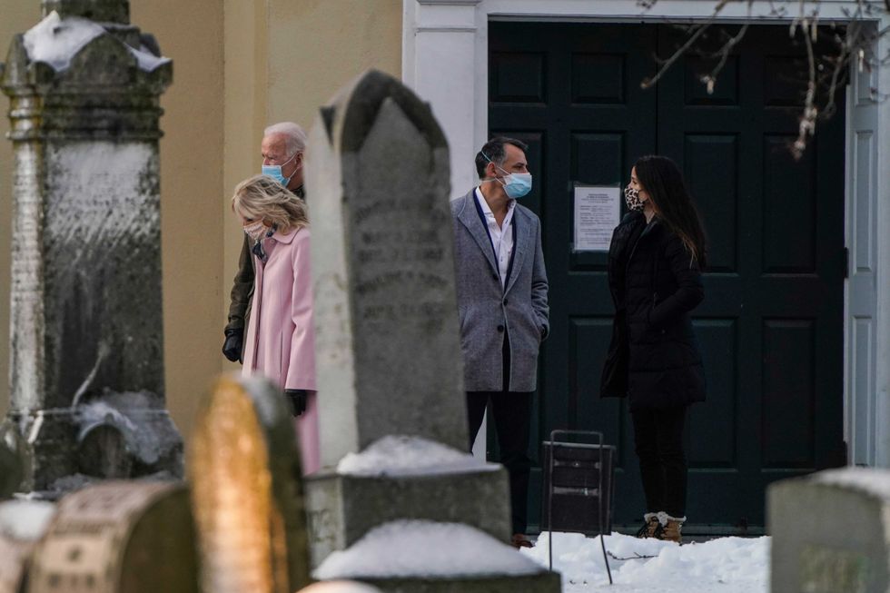 President-elect Joe Biden departs after a church service with Dr. Jill Biden, his son-in-law Howard Krein (2nd R) and daughter Ashley Biden (R) at St. Joseph on the Brandywine on December 18, 2020 in Wilmington, Delaware.