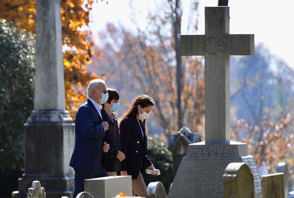 President-elect Joe Biden(L) arrives at St. Joseph on the Brandywine Roman Catholic Church in Wilmington, Delaware on November 8, 2020.