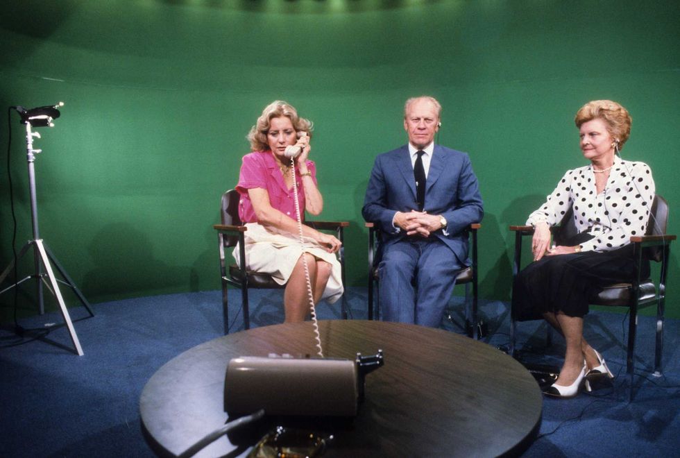 President Gerald Ford and First Lady Betty Ford on ABC News with broadcast journalist Barbara Walters in July 1980, during the Republican National Convention in Detroit.
