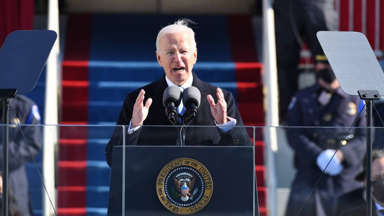 President Joe Biden addresses the nation after being sworn in during the 2021 Presidential Inauguration of President Joe Biden and Vice President Kamala Harris at the U.S. Capitol.
