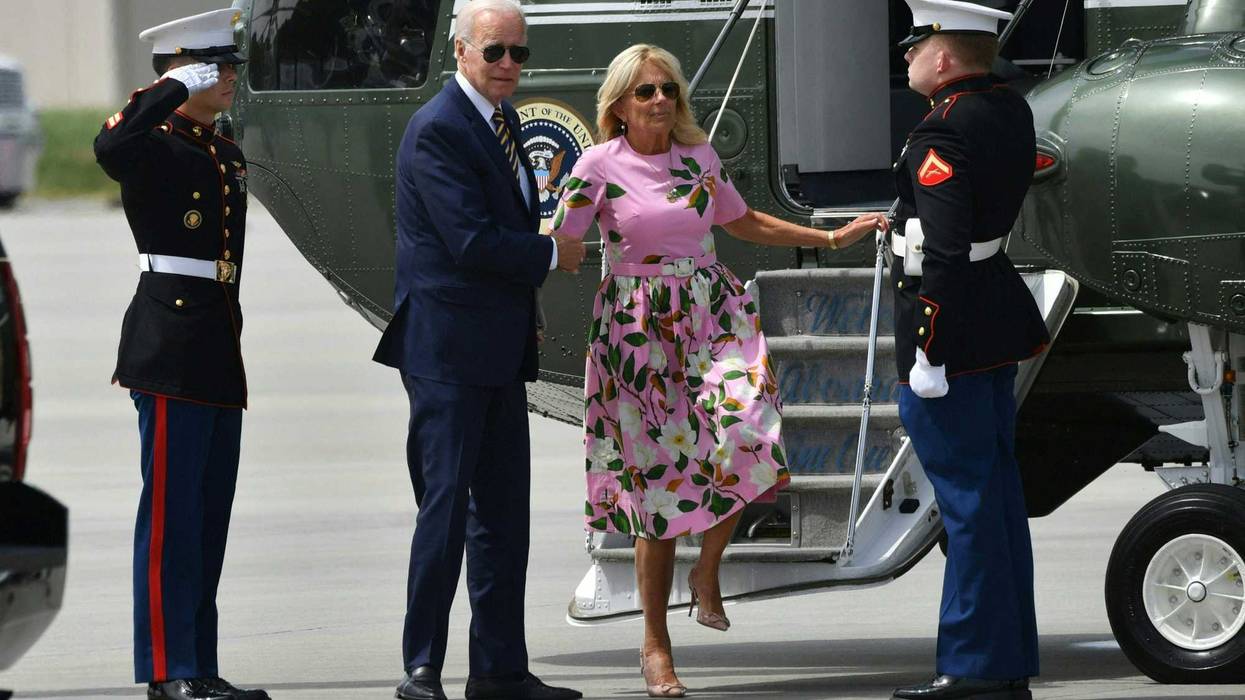 President Joe Biden and First Lady Jill Biden disembark Marine One at Charleston Executive Airport, South Carolina, on August 10, 2022.
