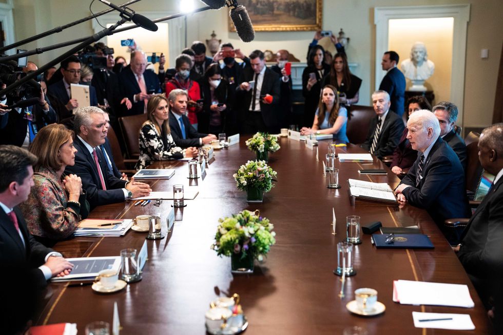President Joe Biden and members of his cabinet meet with Colombian President Ivan Duque, Vice President and Minister of Foreign Affairs Marta Lucia Ramirez and other members of that government in the Cabinet Room of the White House on March 10, 2022 in Washington, DC. There