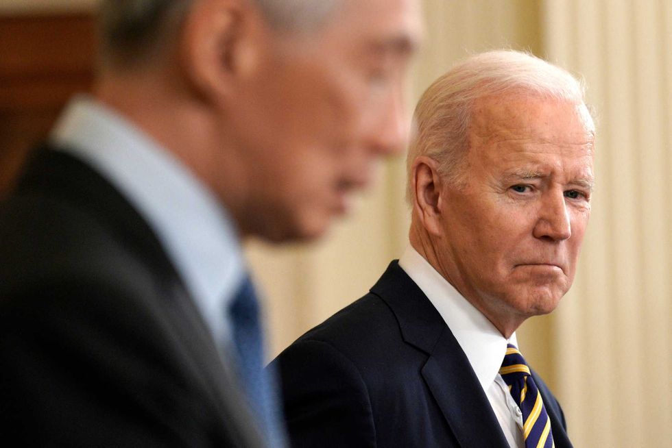 President Joe Biden and Prime Minister Lee Hsien Loong of Singapore make a joint press statement after their meeting at the White House in Washington on March 29, 2022