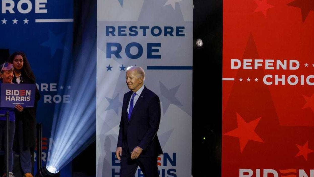 President Joe Biden arrives at a ”Reproductive Freedom Campaign Rally" at George Mason University on January 23, 2024 in Manassas, Virginia. During the first joint rally held by the President and Vice President, Biden and Kamala Harris spoke on what they perceive as a threat to reproductive rights. (Photo by Anna Moneymaker/Getty Images)