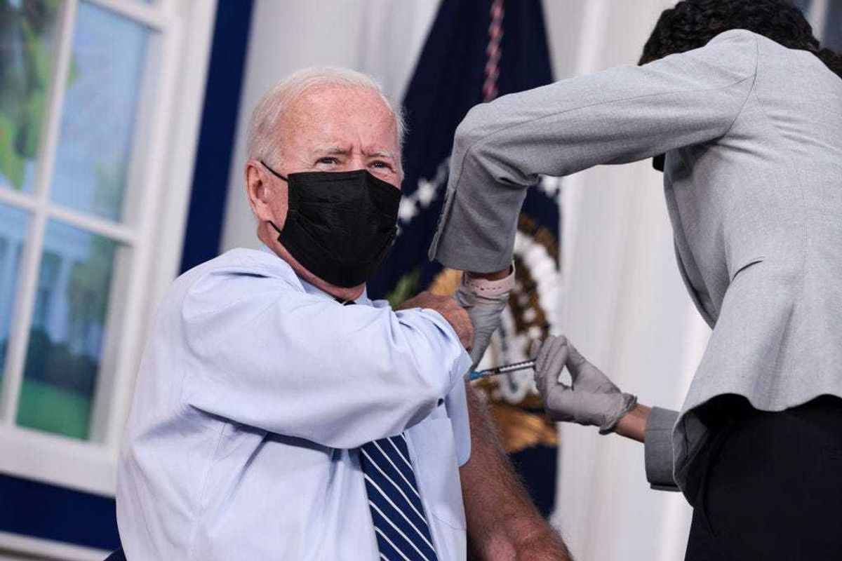 President Joe Biden receives a third dose of the Pfizer/BioNTech Covid-19 vaccine in the South Court Auditorium in the White House September 27, 2021 in Washington, DC.