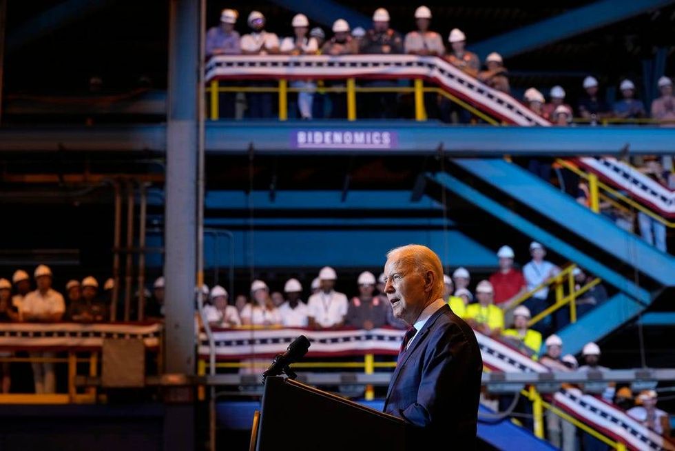 President Joe Biden speaks at a shipyard in Philadelphia, Thursday, July 20, 2023. Biden is visiting the shipyard to push for a strong role for unions in tech and clean energy jobs.
