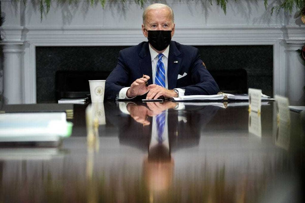 President Joe Biden speaks during a meeting with the White House COVID-19 Response Team in the Roosevelt Room of the White House December 16, 2021 in Washington, DC. Biden made a brief statement to the press regarding the Omicron variant of the coronavirus. (Photo by Drew Angerer/Getty Images)