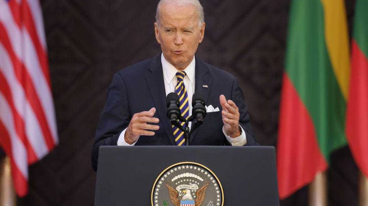 President Joe Biden speaks to a crowd at Vilnius University on July 12, 2023 in Vilnius, Lithuania. Biden, who was in Vilnius to participate in the 2023 NATO Summit, lauded Lithuania and the Baltic countries for attaining freedom following the collapse of the Soviet empire. (Photo by Sean Gallup/Getty Images)