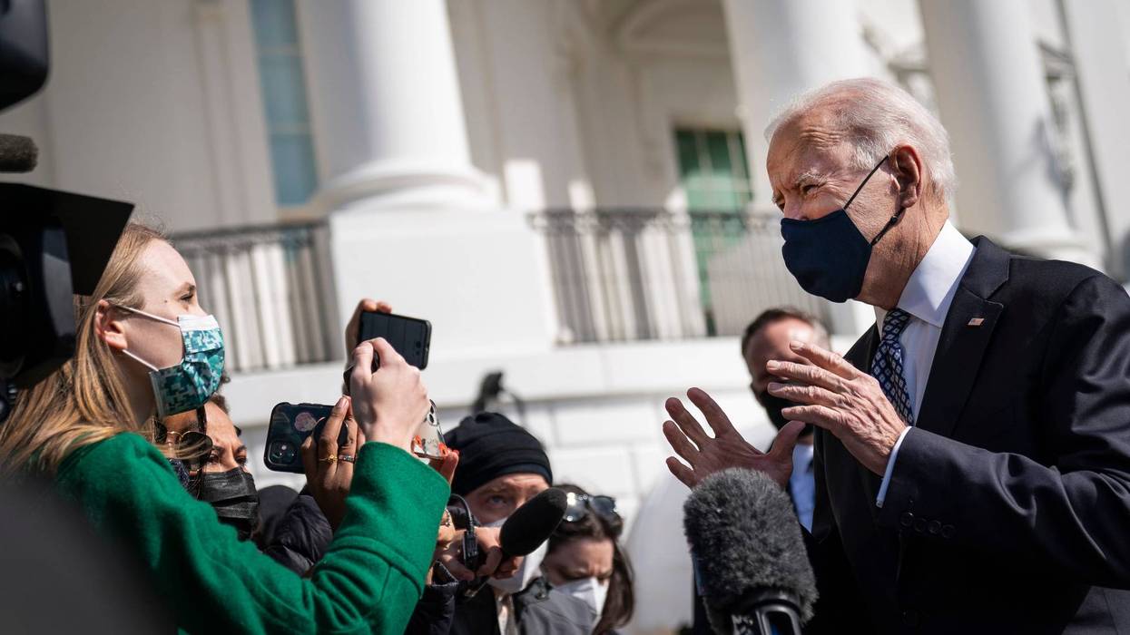 President Joe Biden speaks with reporters outside of the White House before leaving for Georgia on March 19