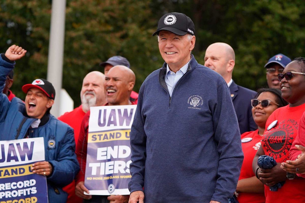President Joe Biden visits striking UAW workers on the picket line outside GM’s Willow Run Parts Redistribution Center in Belleville.