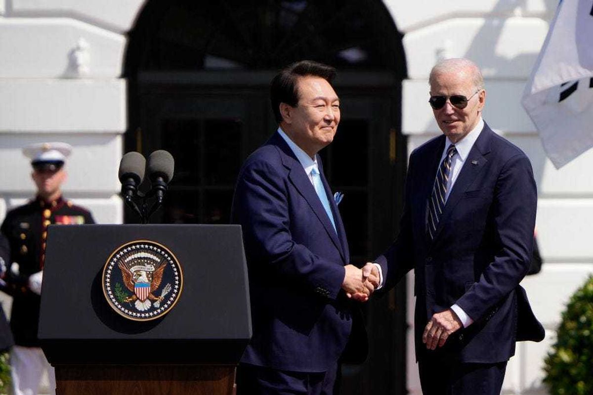 President Joe Biden welcomes South Korean President Yoon Suk Yeol to the White House during an arrival ceremony on April 26, 2023 in Washington, DC. President Biden is hosting the South Korean state visit including a bilateral meeting in the Oval Office, a joint press conference, and a state dinner in the evening.